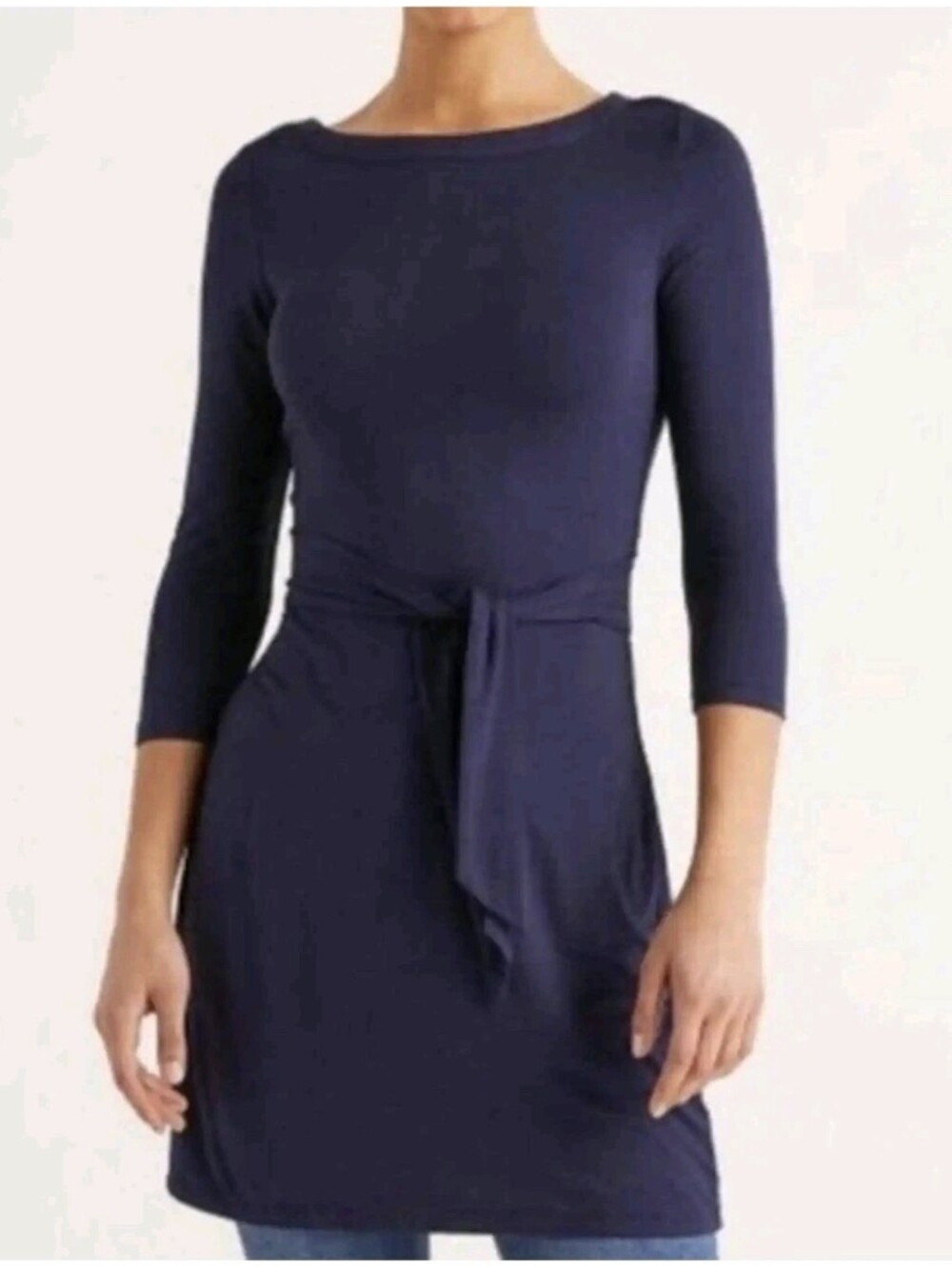 Boden Women’s Navy Sylvia Tie Jersey Knit 3/4 Sleeves Mini Tunic Dress soft 10P